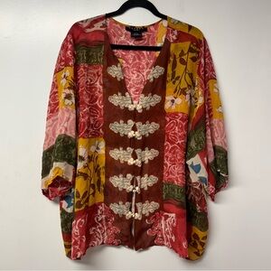 Oxygen Woman 3X 100% Silk Sheer Patchwork Boho Blouse Top Floral Frog Closure